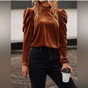 SHEIN Velvet Puff Sleeve Blouse in Orange Size Medium